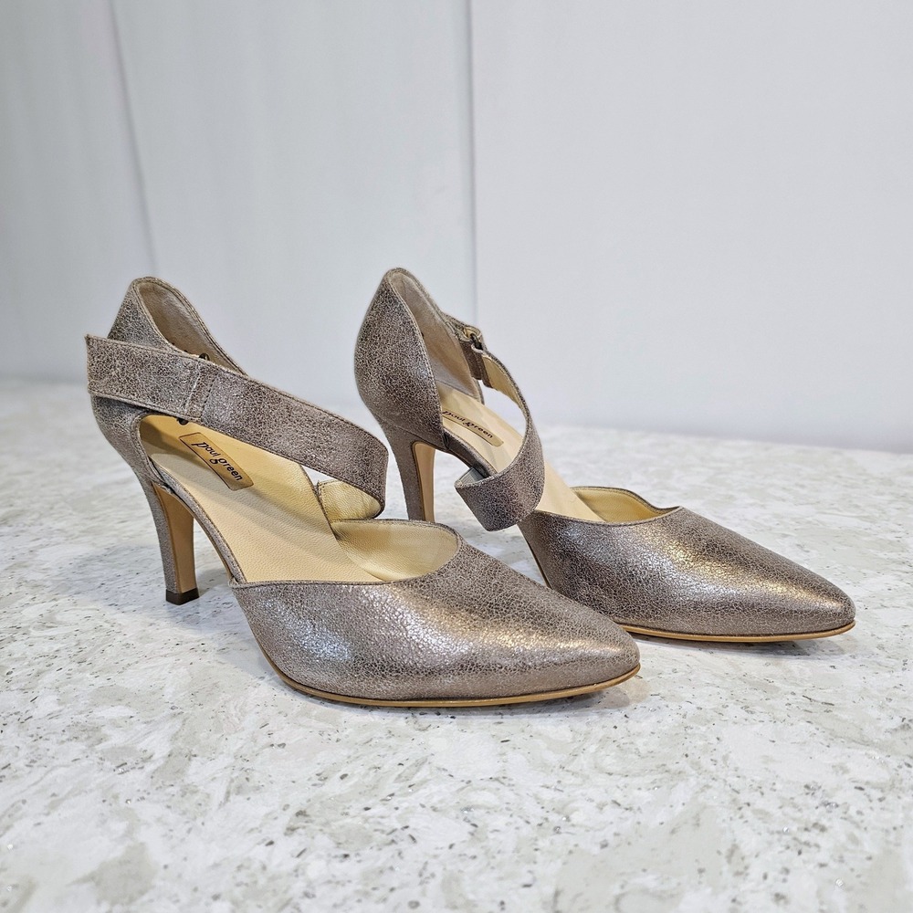 Paul Green Metallic Bronze Leather Pointed Toe Ankle Strap Pumps Heels 6.5
